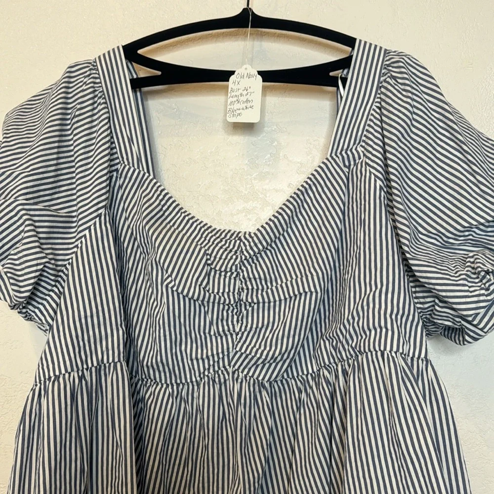 Old Navy Blue and White Striped Top with Puff Short Sleeves 4 X